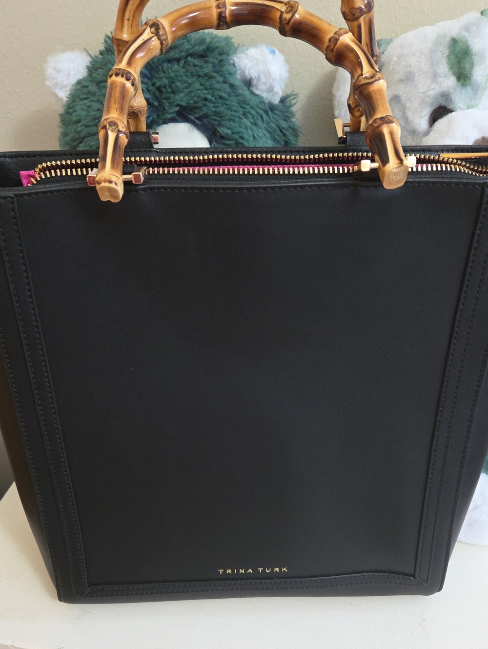 NWT Leather Trina Turk Black Tote with Bamboo Handles